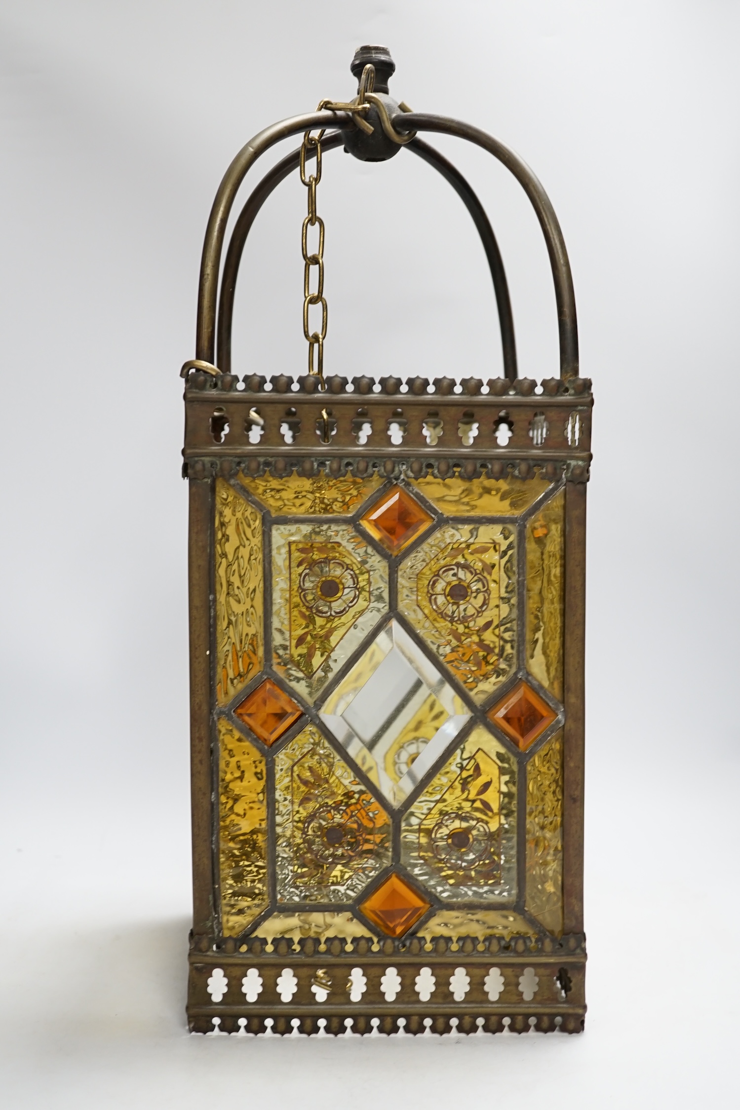 An Edwardian stained glass and brass mounted hall lantern, 53cm high